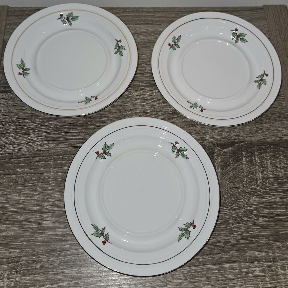 Set of 3 Holiday Hostess 6" Saucer Christmas Tree Holly Gold Trim. A